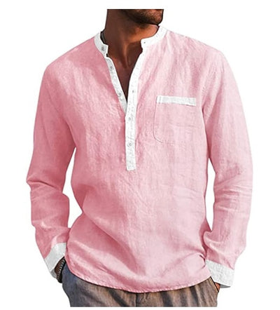 Men's Long Sleeve Cotton Linen Henley Shirt