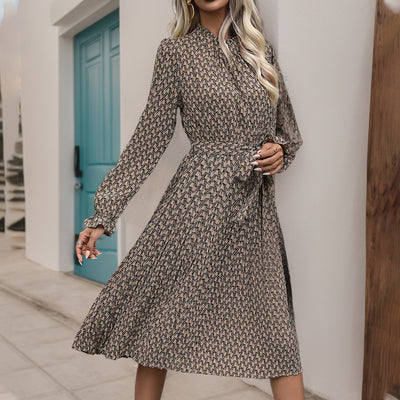 Ruffled Printed Long Sleeve Lace-up Dress