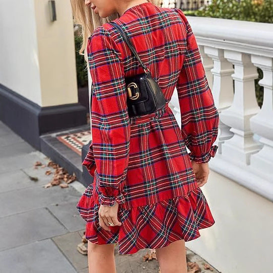 Plaid V-neck Puff Sleeve Drawstring Dress