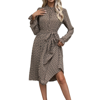 Ruffled Printed Long Sleeve Lace-up Dress