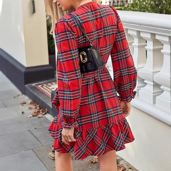 Plaid V-neck Puff Sleeve Drawstring Dress