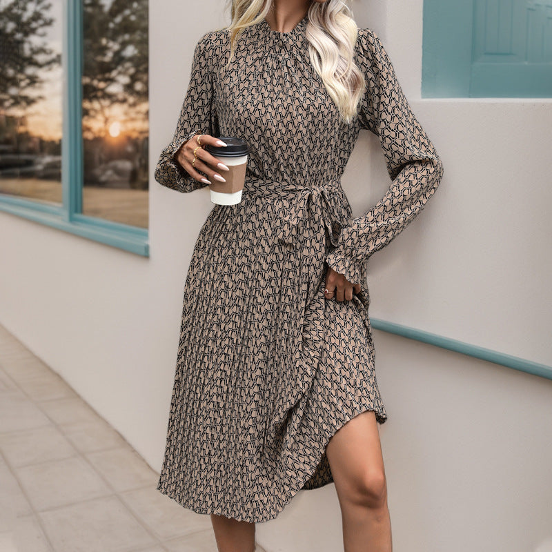 Ruffled Printed Long Sleeve Lace-up Dress