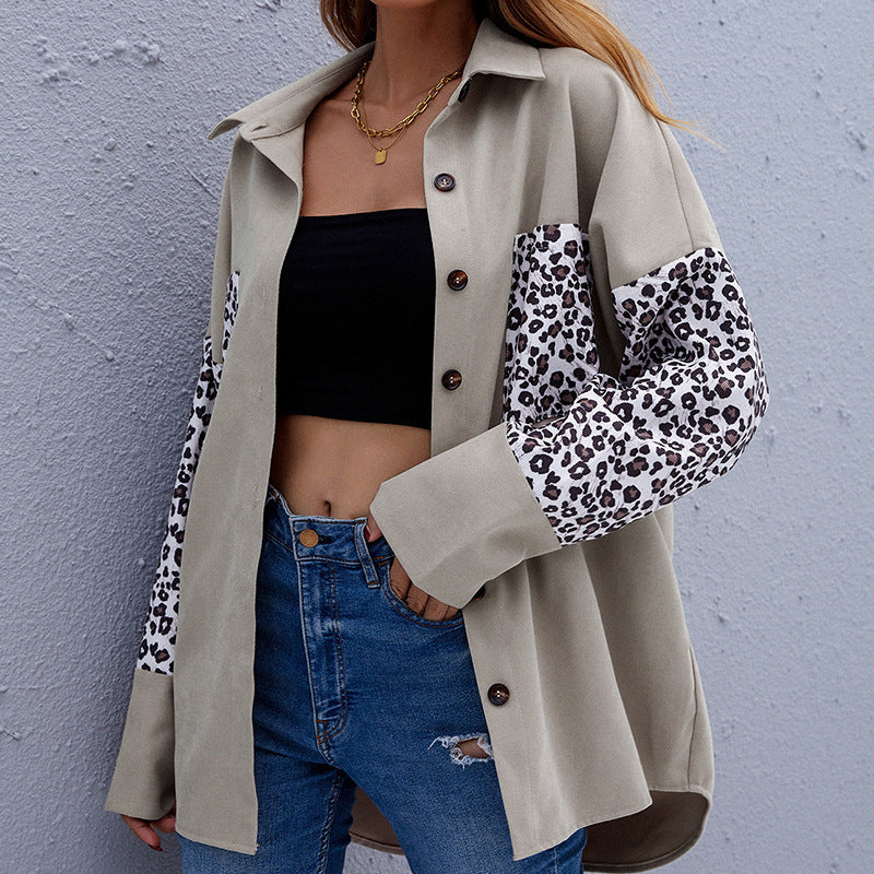 Leopard Stitching Lapel Top