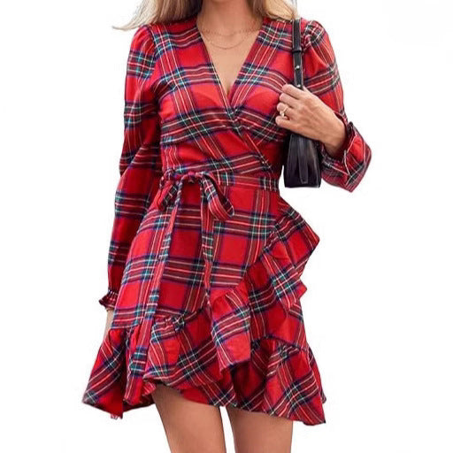 Plaid V-neck Puff Sleeve Drawstring Dress