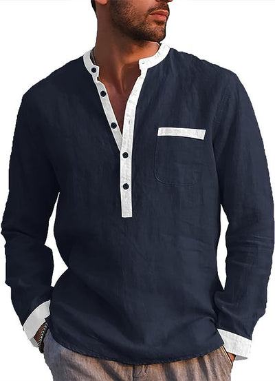 Men's Long Sleeve Cotton Linen Henley Shirt