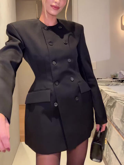 Black Double Breasted Mini Blazers Dress