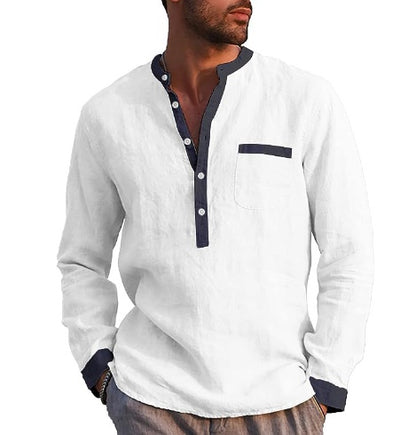 Men's Long Sleeve Cotton Linen Henley Shirt