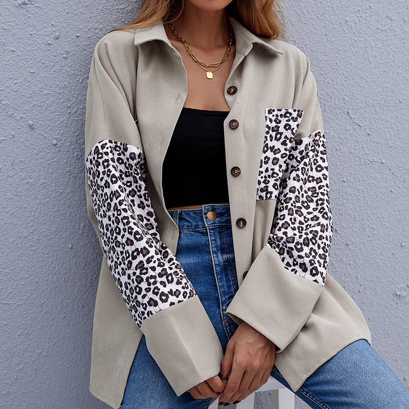 Leopard Stitching Lapel Top